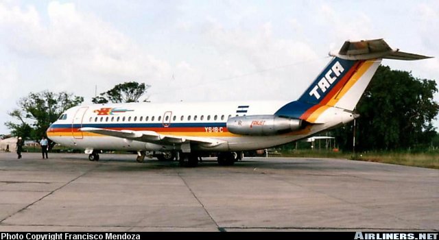 A BAC-111 in the livery introduced by TACA in the 1980's